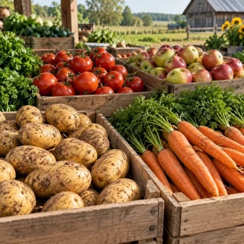Собранные овощи и яблоки в ящиках